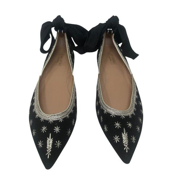 Aquazzura Bliss Black Suede Gold Embroidered Stars Ankle Wrap Ballet Flats 11 - Picture 4 of 13